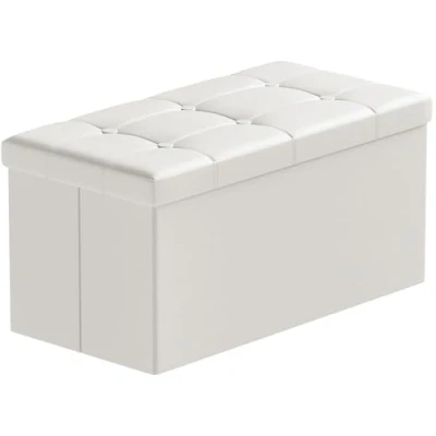 Image of BRIAN &amp; DANY Ottoman Footstools Folding Storage Box with Lid, Large Seat Faux Leather Footstool Toy Box, White, 76 x 38 cm