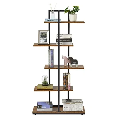 Image of Mondeer Bookshelf, 5 Tier Floor Standing Bookcase, Asymmetrical Staggered Display Shelf, Plant Industrial Style, for Living Room, Bedroom, Home Office, 74 x 28 144.5 cm, Rustic Brown