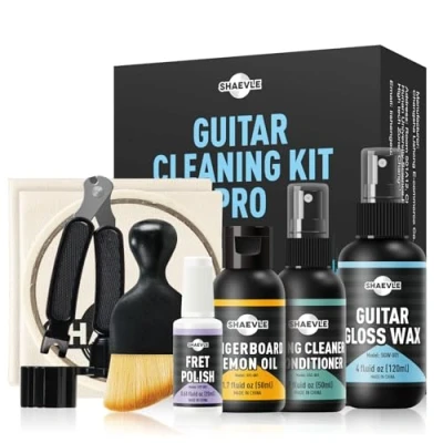 Image of Guitar Cleaning Kit: Gloss Wax,Fret Polish,Fingerboard Lemon Oil,String Cleaner Oil,Masking Tape,Cleaning Brush &amp; Cloth Extends Fretboard and String Life