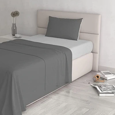 Image of Italian Bed Linen Natural Color Set (Flat 180x300, Fitted Sheet 120x200cm+Pillowcase 52x82cm), Petrol Bottle Green, 100% Cotton, Light Grey/Dark Grey, Small Double
