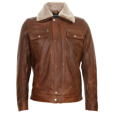 Image of Men&#039;s Tan Leather Jacket Trucker Removable Sheepskin Sherpa Collar Casual Jeans Coat M