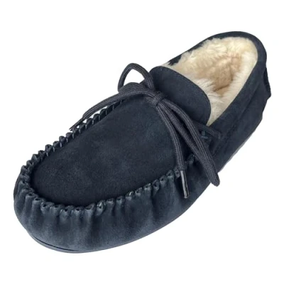Image of Sheepskin World Susie Ladies Wool Mix Suede Womens Moccasin Slippers (Navy, UK Footwear Size System, Adult, Women, Numeric, Medium, 7)
