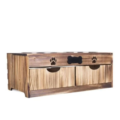 Image of green leaves Dog Food Feeding Stand Station Stainless Double Raised Bowls Wooden Crate (Large Bowls)