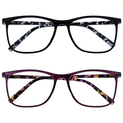 Image of OPULIZE Arc Reading Glasses 2 Pack Stylish Slim Square Frame Spring Hinges Scratch Resistant Black Purple Patterned Arms Mens Womens RR66 15 +2.00