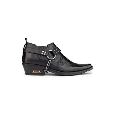 Image of Mens Real Leather Cowboy Riding Shoes Belt Chain Western Heel Dancing Black 10