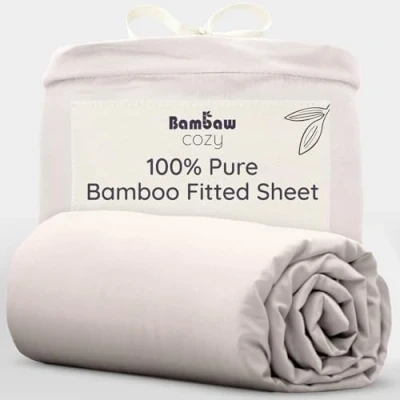Image of Bambaw Bamboo Fitted Sheet King Size 150x200 cm, Deep Pocket 35 Cooling Sheets for Night Sweats, 100% Viscose Bedding, Anti Bacterial &amp; Hypoallergenic Bed (Sand)