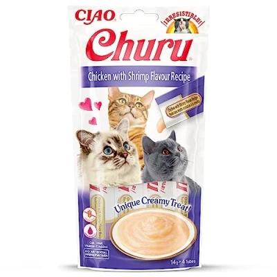 Image of Ciao Churu Sticks by INABA Cat Treat Chicken &amp; Shrimp Flavour (4 x 14g) / Soft Creamy Treat, Delicious Healthy Snack, Purée Food Topper, Pill Assist, Natural, Grain Free