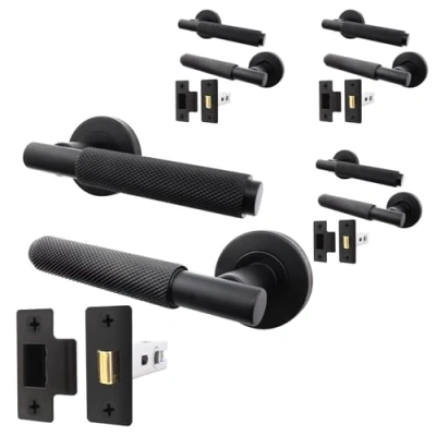 Image of EAI Black Door Handle Latch Set Pack of 4 Round Internal Knurled Handles &amp; (66mm) Matt Lever on Rose Dolton Range