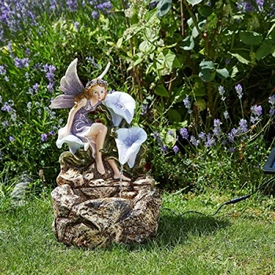 Image of Festive Lights Solar Fairy Liliana Water Fountain Outdoor Garden Ornamental Feature Purple &amp; Brown