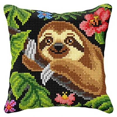 Image of Orchidea Cross Stitch: Cushion Kit, Sloth, 40 x 40cm