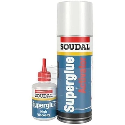 Image of Soudal Mitre Kit Superglue Activator Adhesive Fast Bonding Jumbo Trade Pack (50g Glue &amp; 200ml Activator)