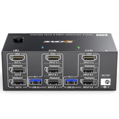 Image of KVM Switch 3 Monitors 2 Computers 8K@60Hz 4K@144Hz, HDMI+2 Displayport Triple Monitor for Computer Share and 4 USB3.0 Port Keyboard Mouse,Wired Remote 5 Cables Included