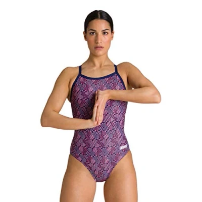 Image of Arena Women&#039;s Standard Kikko Light Drop Back MaxLife One Piece Swimsuit, Navy Multi Red, 26