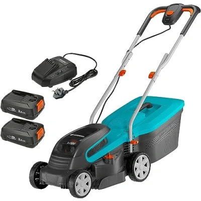 Image of GARDENA Battery Lawnmower PowerMax 32/36V P4A Ready to use: for lawns up 200 m², 32 cm Cutting Width, 30 l Collector Volume, Height 2060 mm, w/ 2 x 18 V Batteries (14621 28)
