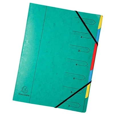 Image of Exacompta Ref 54073E Stapled Spine Multipart File 245 x 320mm in Size, Suitable for Storing A4 Documents 7 Tabbed Sections Green Cover with Multicoloured Tabs