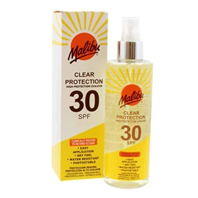 Image of Malibu Sun SPF 30 Clear Spray Sunscreen, High Protection, Dry Feel, Water Resistant, 250ml