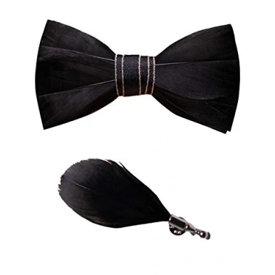 Image of Jemygins Men’s Handmade, Leather, Feather Bow Tie with Gift Box Set for Wedding Celebration, nero, M