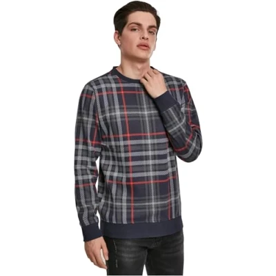 Image of Urban Classics Men&#039;s Pullover All Over Print Check Crewneck Sweatshirt, Multicolour (Midnight/Firered 02369), M