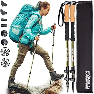Image of Foxelli Carbon Fiber Trekking Poles Lightweight Collapsible Hiking Poles, Shock Absorbent Walking Sticks with Natural Cork Grips, Flip Locks, 4 Season/All Terrain Accessories and Carry Bag