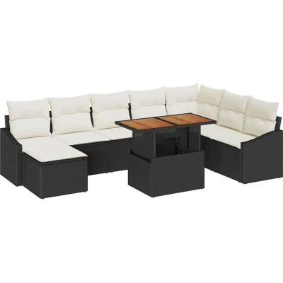 Image of vidaXL 9 Piece Garden Sofa Set with Cushions Black Poly Rattan