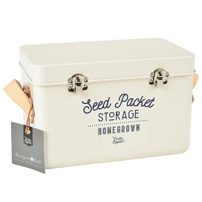 Image of Burgon &amp; Ball Leather Handled Seed Packets Storage Tin Stone