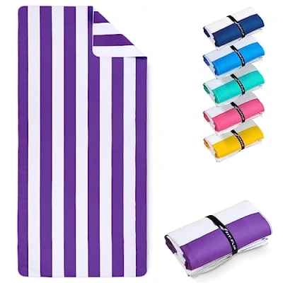 Image of Fit Flip microfibre beach towel large lightweight, compact and super absorbent sand free quick dry towel, 100% recycled travel white purple stripes 200x90cm