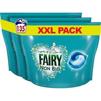Image of Fairy Non Bio PODS, Washing Liquid Laundry Detergent Tablets / Capsules, 135 Washes (45 x 3), Huggably Soft for Sensitive Skin