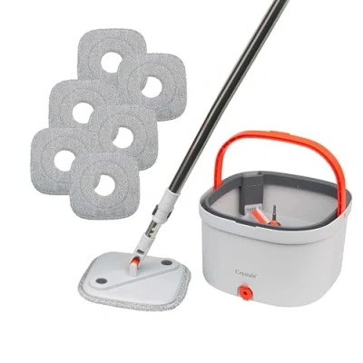 Image of Crystals 360 Spin Mop &amp; Bucket Set Compact Floor Cleaning System with Squeeze Wringer, Machine‑Washable Microfibre Pads Rotating Head, Square Mop, Grey (Mop + 6 x Heads)