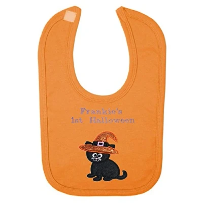 Image of Baby 1st Personalised Applique Cat Halloween Bib (Orange)