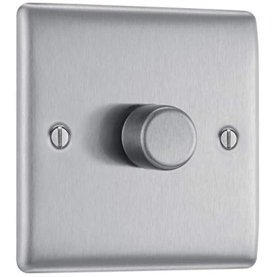Image of BG Electrical Intelligent Single Wall Dimmer Switch, 2 Way, Raised Profile, Round Edges, Nexus Metal, Brushed Steel, 200W, NBS81