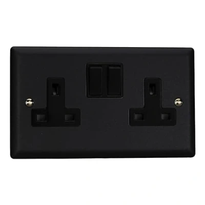 Image of Varilight Urban Matt Black 2 Gang Double Pole Switched 13 Amp Plug Socket with Insert