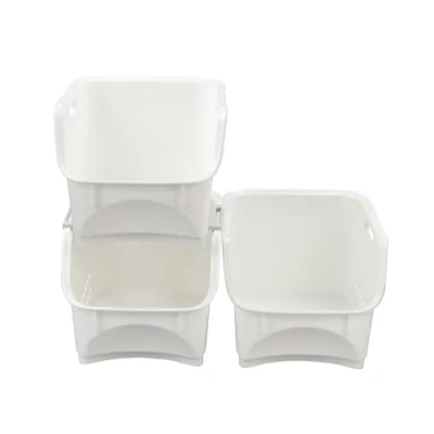 Image of Easymanie 3 Tier Stacking Storage Baskets, Plastic Kitchen Basket White
