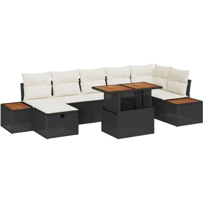 Image of vidaXL 8 Piece Garden Sofa Set with Cushions Black Poly Rattan &amp; Acacia