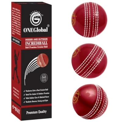 Image of ONEGlobal Incrediball Soft Practice Cricket Ball Outdoor &amp; Indoor Rubber With Core Stitched Seam For Honing Skills Family Fun (3 Red)