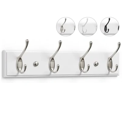 Image of LARHN White Coat Hooks Wall Mounted Rack 4 Matt Nickel 42 cm All Fixings Included for Quick &amp; Easy Installation