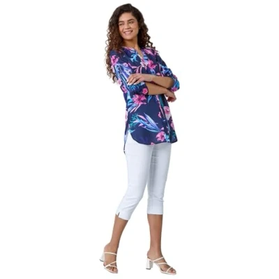 Image of Roman Originals Shirt Top for Women UK Ladies Collarless Blouse Smart Tunic Button Through Longline Asymmetric Hem 3/4 Length Roll Up Sleeves V Neck Going Out Pink &amp; Navy Size 12