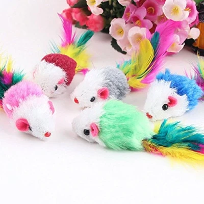 Image of Gemini_mall® Pack of 10 Furry kitten Mice Cat Toys with Feathers and Artificial Fur (Mice)