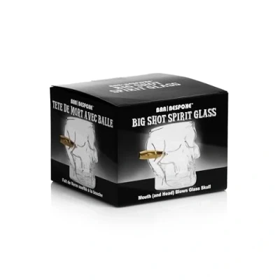 Image of Bar Bespoke Big Shot Spirit Glass. Skull Head Glass with a Bullet