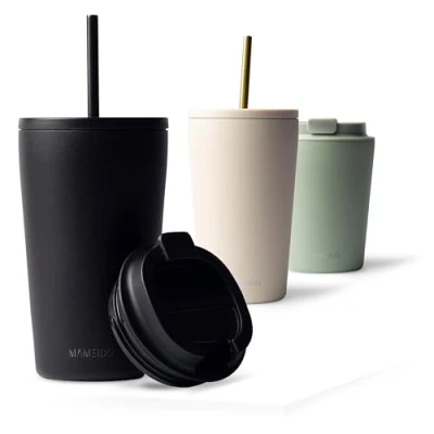 Image of MAMEIDO Travel Mug 470ml &amp; 700ml Leakproof Tumbler with Straw Lid, Stainless Steel Mugs for Cold Hot Drinks BPA Free (Rich Black, 0,47l)