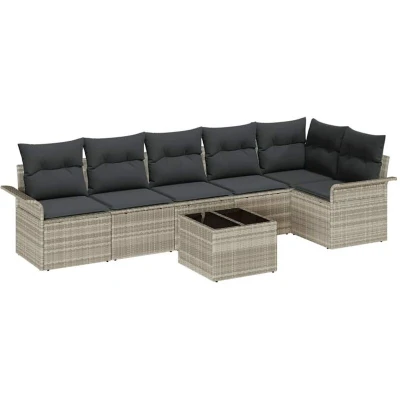 Image of vidaXL 7 Piece Garden Sofa Set with Cushions Grey Poly Rattan