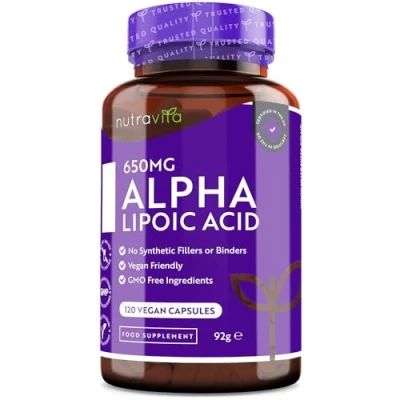 Image of Alpha Lipoic Acid 650mg 120 High Strength ALA Vegan Friendly Capsules 4 Month Supply No Synthetic Binders or Fillers Made in The UK by Nutravita