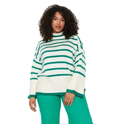 Image of Trendyol Women Plus Size Regular Double Breasted Standing Collar Knitwear Jumper Green
