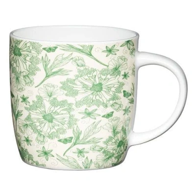 Image of KitchenCraft China 425ml Barrel Shaped Mug, Botanical Leaf