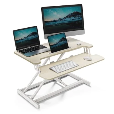 Image of VonHaus Standing Desk Converter, Height Adjustable Computer Workstation with Keyboard Shelf, Dual Monitor Riser w/Tablet Holder 80x40cm (Light Wood)