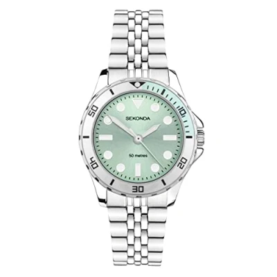 Image of Sekonda Balearic Ladies 33mm Quartz Watch in Green with Analogue Display, and Silver Stainless Steel Strap 40565