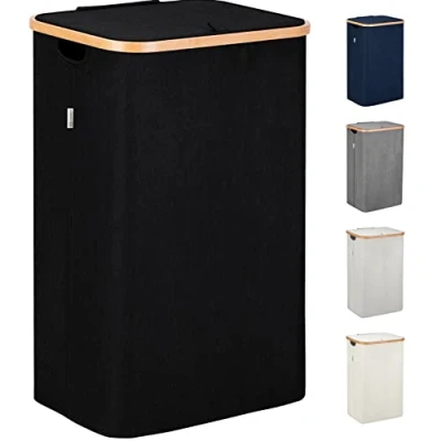 Image of Lonbet Black Laundry Baskets with Lid XL 100 L Large Hamper for Handles Hampers Bedrooms Bamboo Bathroom Tall Bin