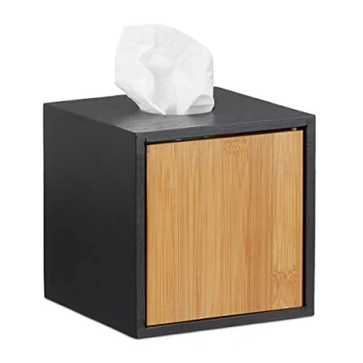 Image of Relaxdays Square Facial Tissue Box, Wooden Bamboo Cosmetic Dispenser, Cover, HxWxD: 14.5 x cm, Black
