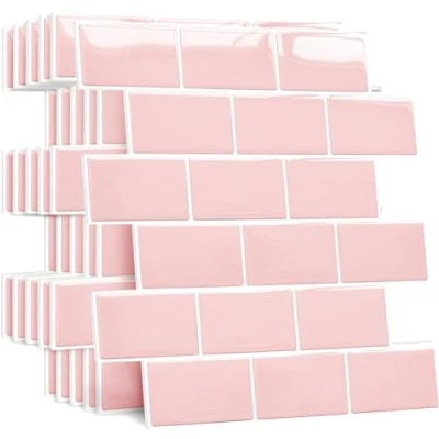 Image of Yoillione Upgrade Thicker Peel and Stick Wall Tiles Backsplash for Kitchen Bathroom, Metro Subway Self Adhesive Tile Stickers 3D on Splashback Pink, 10 Sheets