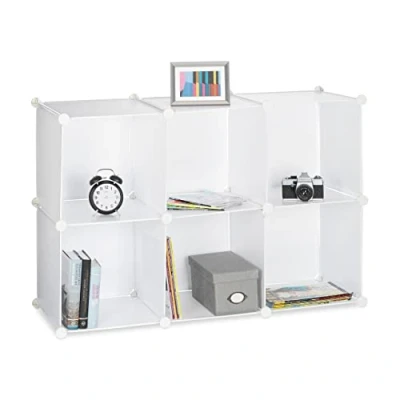 Image of Relaxdays Shelving System with 6 Compartments, Open Standing Shelf, Modular Plastic Wardrobe, H x W D: 65 96 32 cm, White