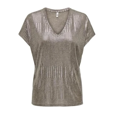 Image of ONLY Women&#039;s Onlmirinda S/S V Neck top JRS, Humus/Detail: Melange + Silver Metallic, M